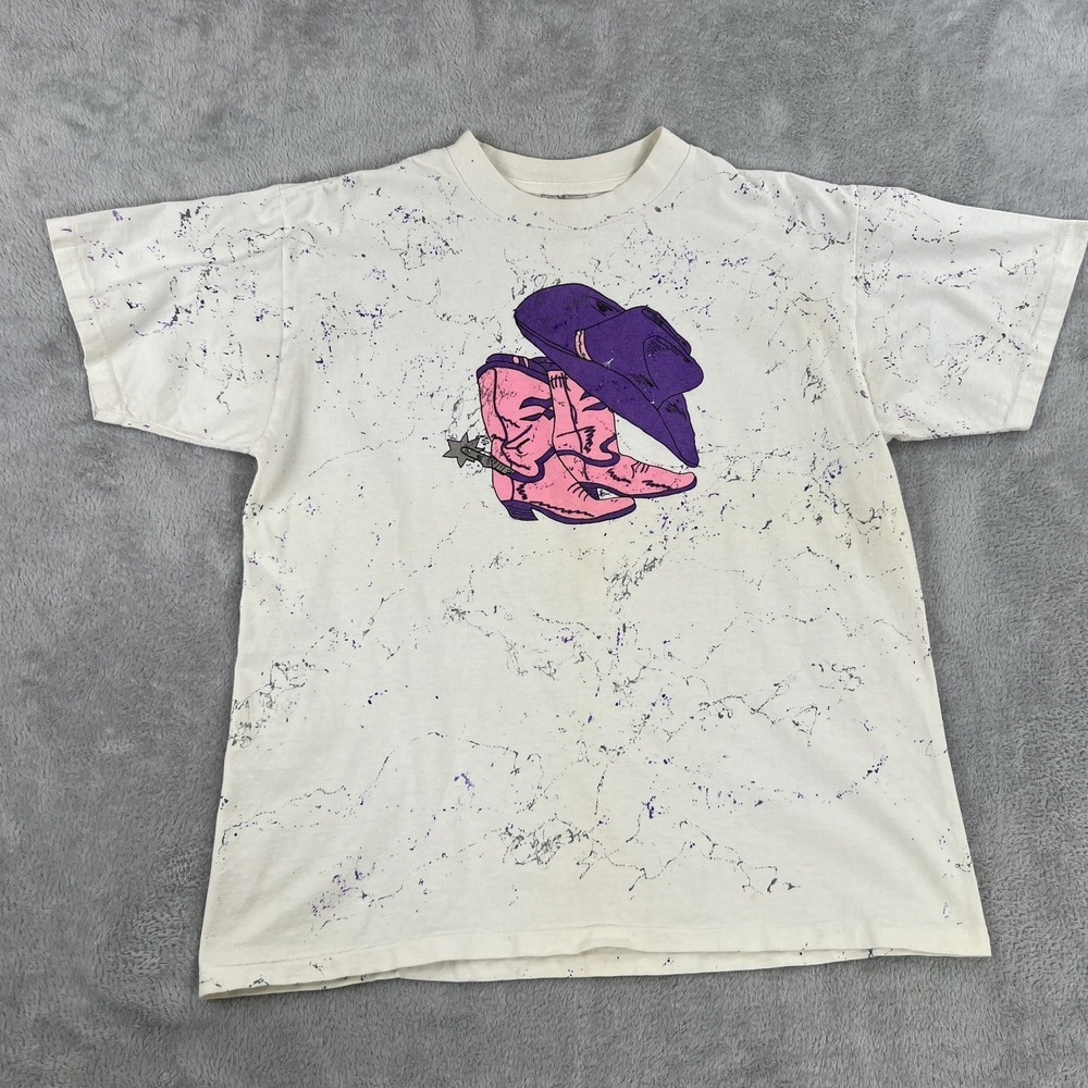 Vtg 90's Oneita Hot Pink Cowboy Boots Hat Splatter T Shirt L White Western Funny
